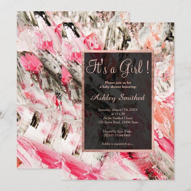 Invitation Rose or acrylique brushstrokies fille baby shower (Devant / Derrière)