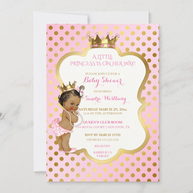 Invitation Rose & Or Africain Américain Princesse Bébé Fille (Devant)