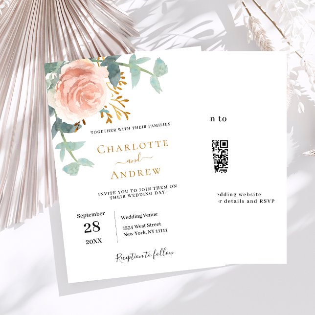 Invitation Rose or aquarellé fleuri code QR RSVP mariage (Créateur téléchargé)