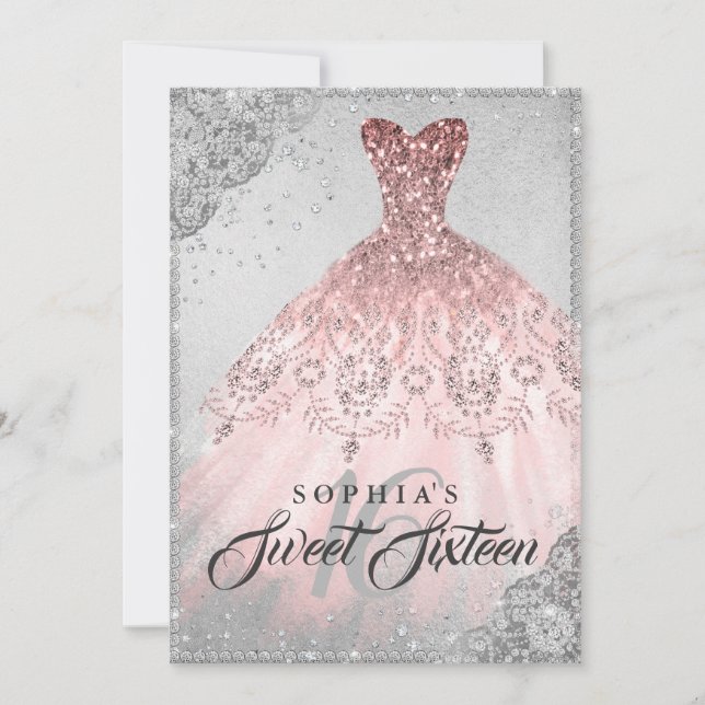 Invitation Rose Or Argent Diamant Étincelle Gown Sweet 16 (Devant)