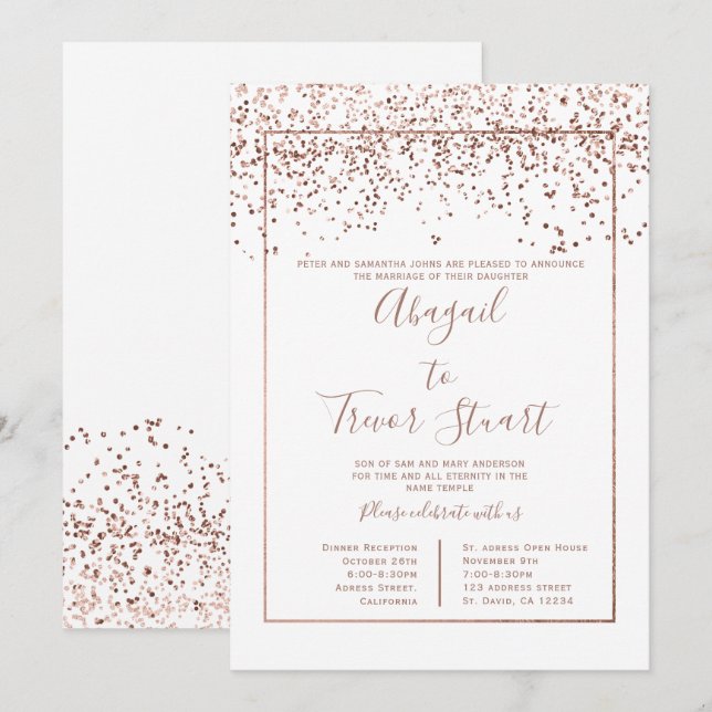 Invitation Rose or blanc typographie confetti mariage (Devant / Derrière)