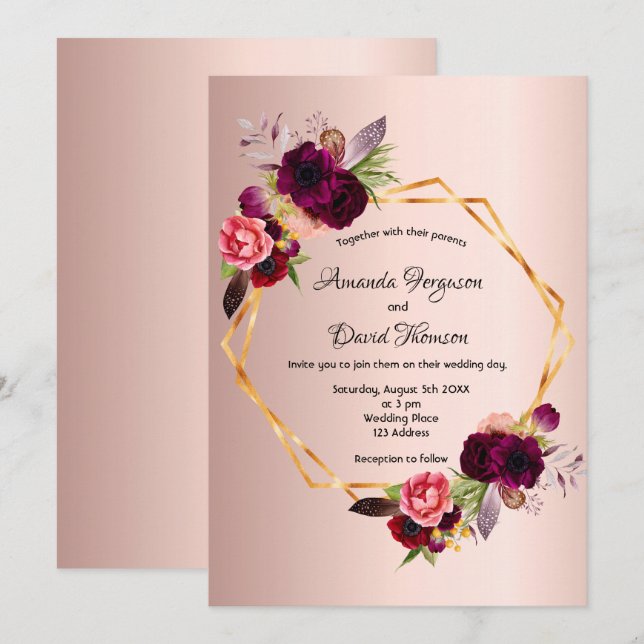 Invitation Rose or bordeaux floraux géométriques mariage (Devant / Derrière)