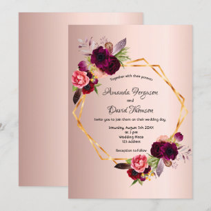 Invitation Rose or bordeaux floraux géométriques mariage
