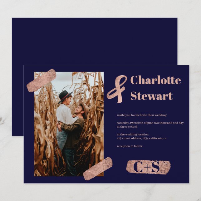 Invitation Rose or brushstroke élégante photo mariage chic (Devant / Derrière)