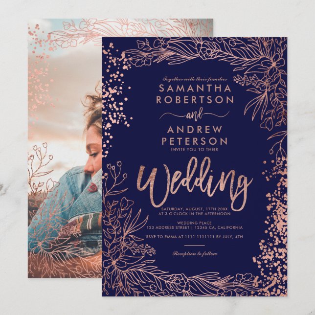 Invitation Rose or confetti floral marine bleu mariage (Devant / Derrière)