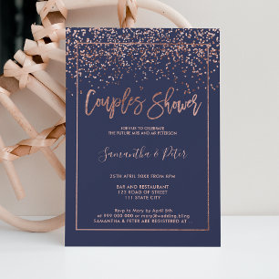 Invitation Rose or confetti marine bleu script couples douche