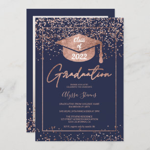 Invitation Rose or confetti marine bleu script graduation