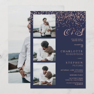 Invitation Rose or confetti marine initiales photos mariage