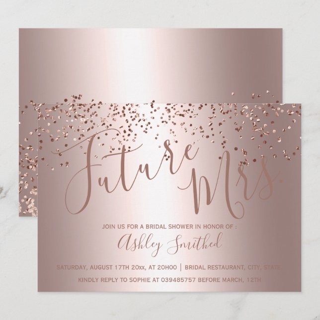 Invitation Rose or confetti métallique Mme douche nuptiale (Devant / Derrière)