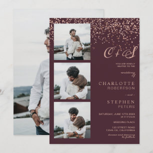 Invitation Rose or confetti rouge initiales photos mariage