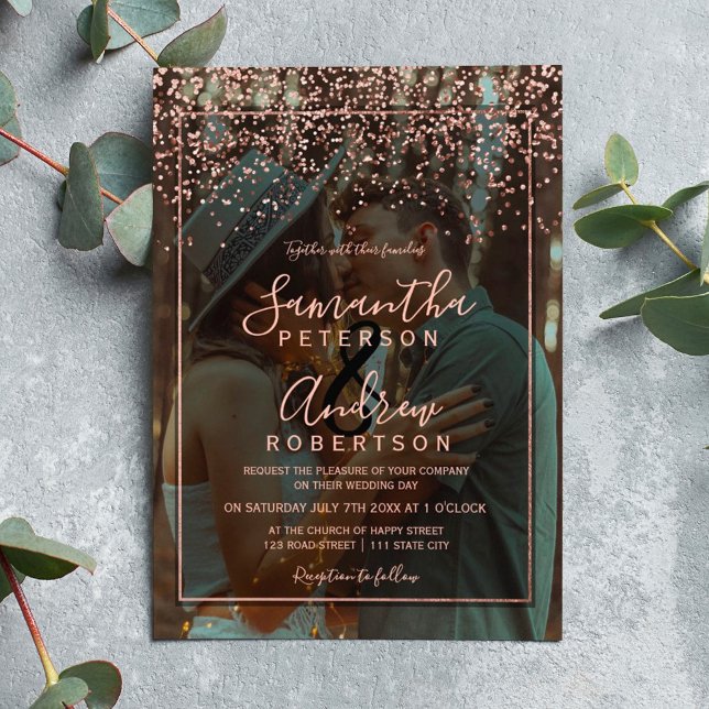 Invitation Rose or confetti typographie photo mariage (Rose gold confetti typography photo wedding invitation)