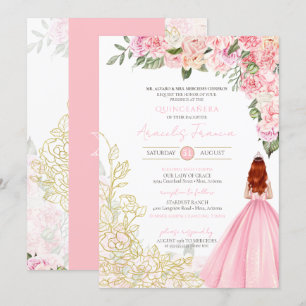 Invitation Rose or élégant Floral jolie robe Quinceanera