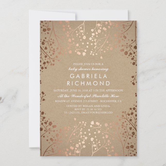Invitation Rose or et Baby shower blanc fleuri Kraft (Devant)