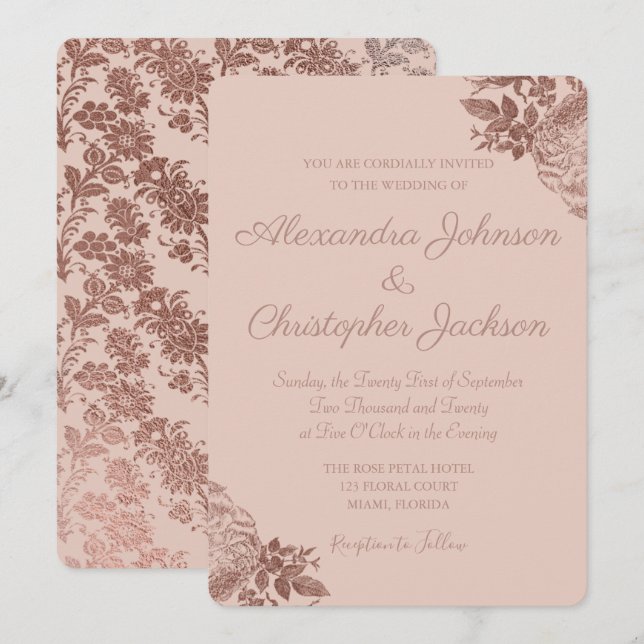 Invitation Rose or et huile rose Floral Rose Mariage (Devant / Derrière)