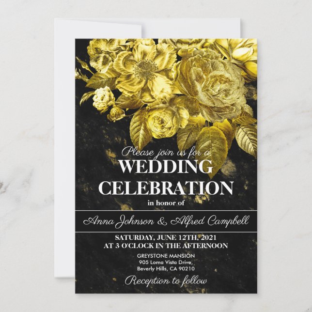 Invitation Rose or et mariage en marbre noir (Devant)