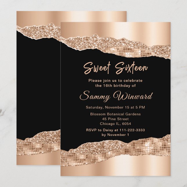 Invitation Rose or et noir glam Larmes Sweet sixteen (Devant / Derrière)