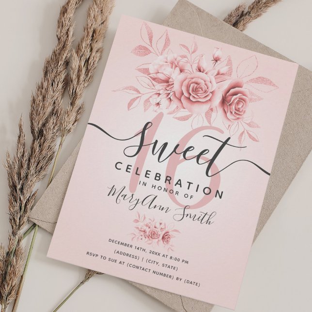 Invitation Rose Or et rose Blush Fab Parties scintillant flor (Rose Gold & Pink Blush Fab Floral Glitter Sweet 16 Invitation)