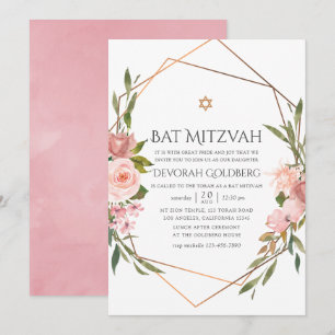 Invitation Rose or et rose pâle Bat mitzvah floral