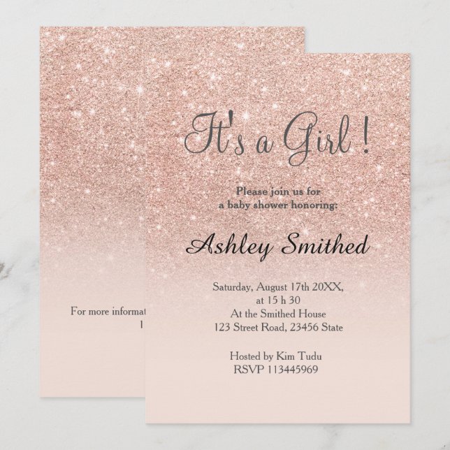 Invitation Rose or faux parties scintillant rose fille baby s (Devant / Derrière)