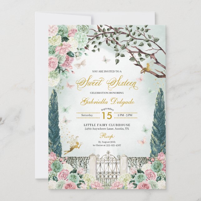 Invitation Rose Or Fée Enchantée Garden Sweet 16 (Devant)