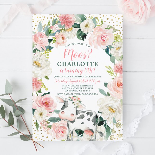 Invitation Rose or Floral fille vache 1er anniversaire (Créateur téléchargé)