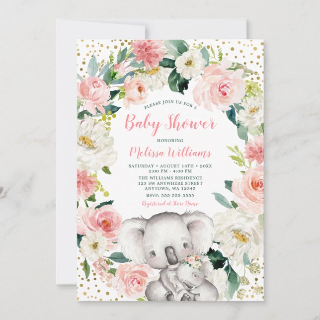 Invitation Rose or floral Koala Baby shower fille (Devant)