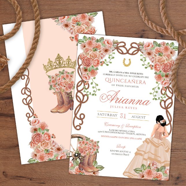 Invitation Rose or Floral Ouest Charra Quinceañera (Créateur téléchargé)