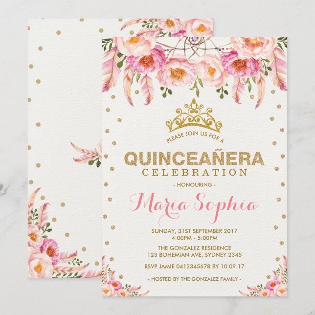 Invitation Rose or Floral Quinceañera Feminine Dreamcater (Devant / Derrière)