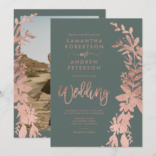 Invitation Rose or floral wreath chic eucalyptus mariage (Devant / Derrière)