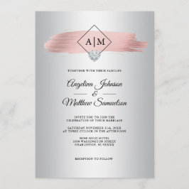 Invitation Rose or Foil Marbre Argent Marbre Monogram Mariage