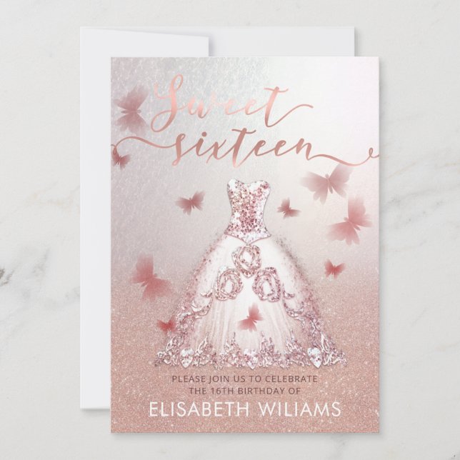 Invitation Rose or glittery ombre robe charmant papillon (Devant)