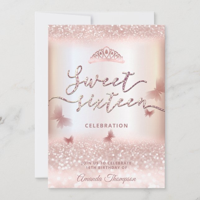 Invitation Rose or glittery papillon tiara calligraphie en (Devant)
