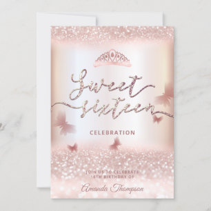 Invitation Rose or glittery papillon tiara calligraphie en