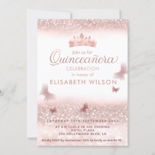 Invitation Rose or glittery tiara calligraphie Quinceañera