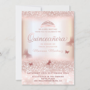 Invitation Rose or glittery tiara calligraphie Quinceañera