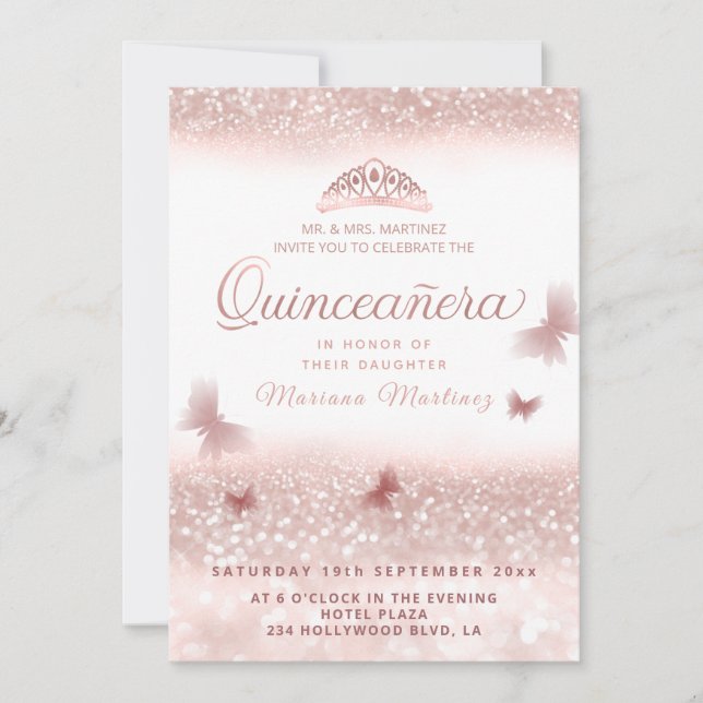 Invitation Rose or glittery tiara calligraphie Quinceañera I (Devant)