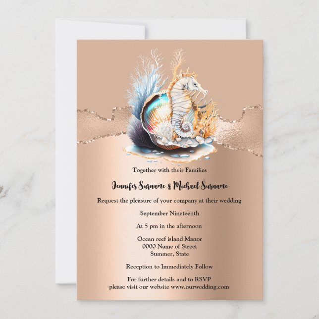 Invitation Rose or hippocampe chimmer iridescente coquille co (Devant)