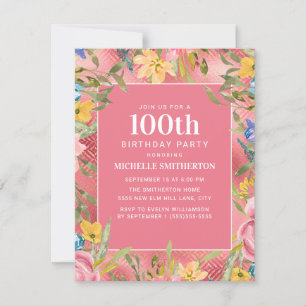 Invitation Rose or jaune bleu floral 100e anniversaire femmes