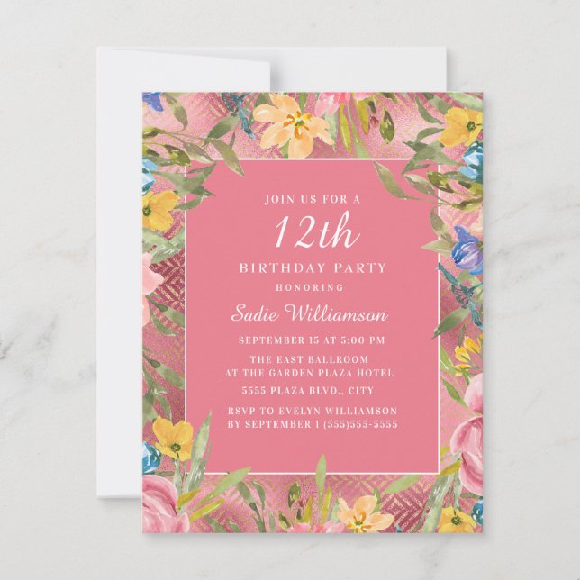 Invitation Rose or jaune bleu floral 12e anniversaire (Devant)