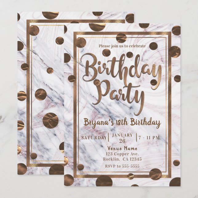 Invitation Rose or marbre bronze cuivre fête d'anniversaire (Devant / Derrière)