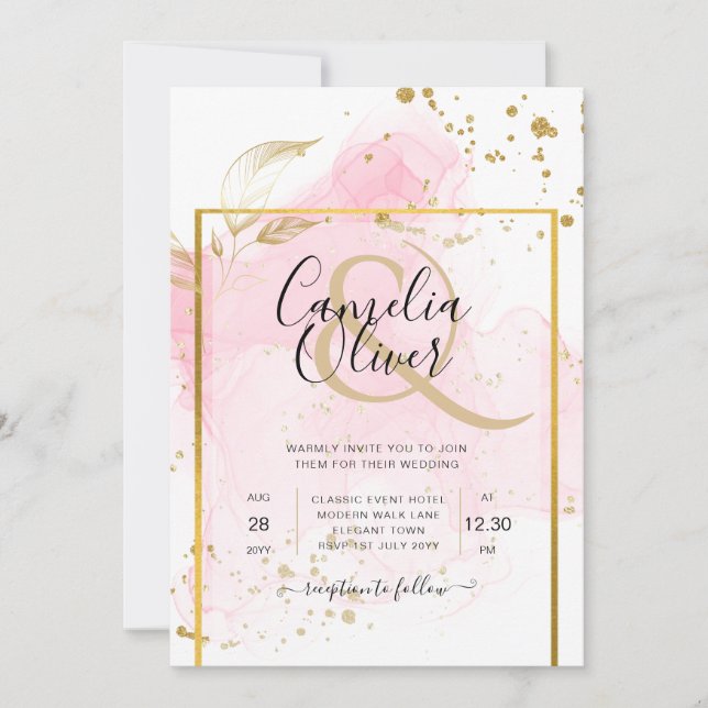 Invitation ROSE OR MARIAGE Encre d'alcool Abstraite (Devant)