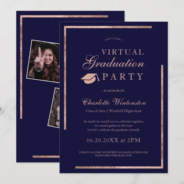 Invitation Rose or marine bleu photos virtuel Graduation (Devant / Derrière)