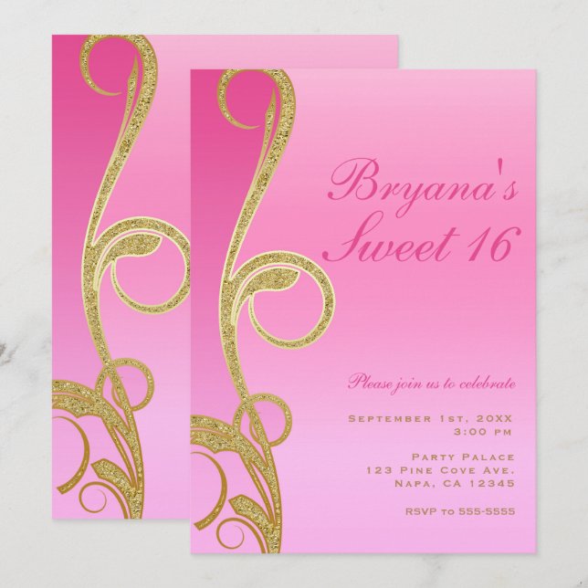 Invitation Rose & Or Moderne Chic Glam Swirl Sweet 16 Party (Devant / Derrière)