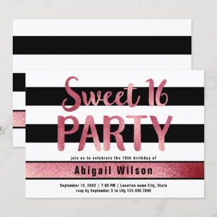 Invitation Rose or noir blanc sweet sixteen anniversaire