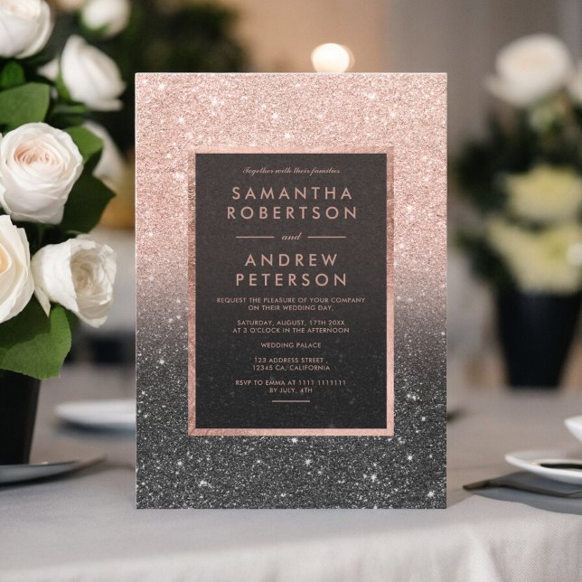 Invitation Rose or noir cadre parties scintillant noir ombre  (Rose gold black glitter frame ombre wedding invitation)