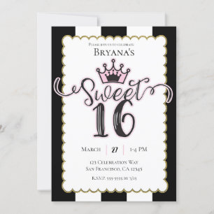 Invitation Rose Or Noir Sucré Fête des 16 ans Anniversaire Ra