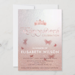 Invitation Rose or ombre papillon tiara Quinceañera