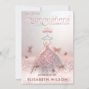 Invitation Rose or ombre papillon tiara Quinceañera Invit