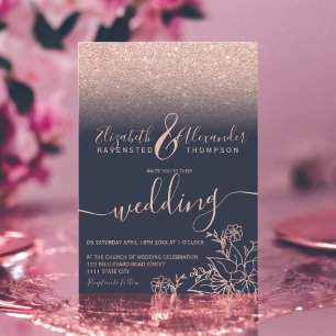 Invitation Rose or parties scintillant florale marine bleu sc