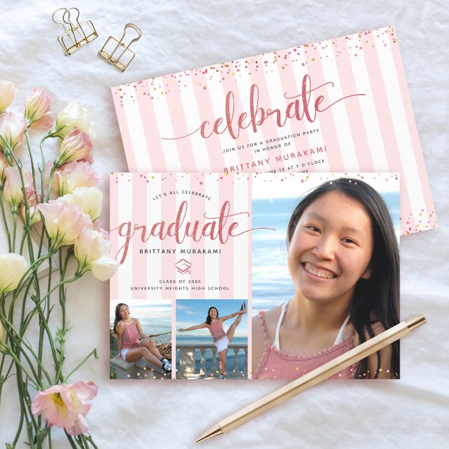 Invitation Rose or parties scintillant script graduation coll (Créateur téléchargé)